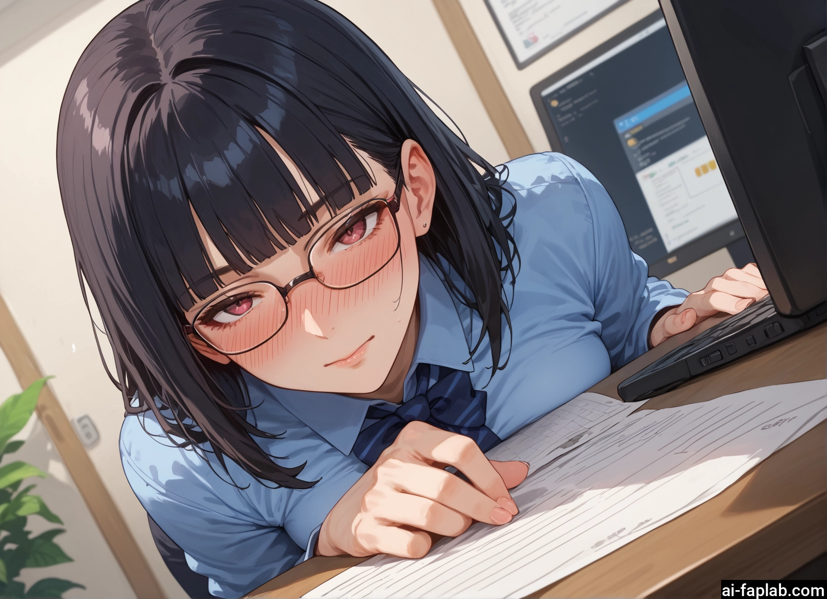 1girl, glasses, blush, solo, black hair, shirt · Yamete.gg
