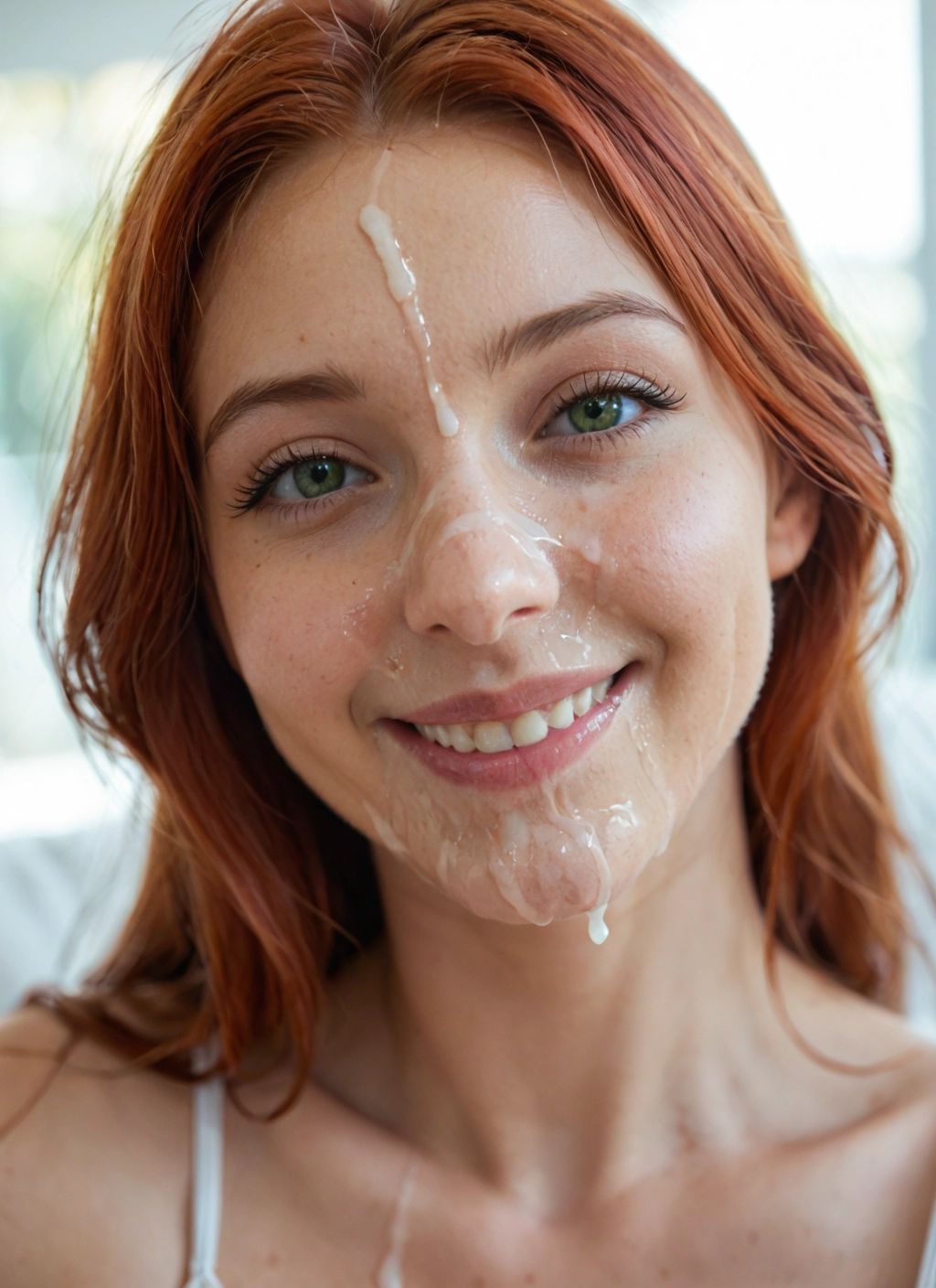 1girl, solo, cum, facial, freckles, green eyes · Yamete.gg