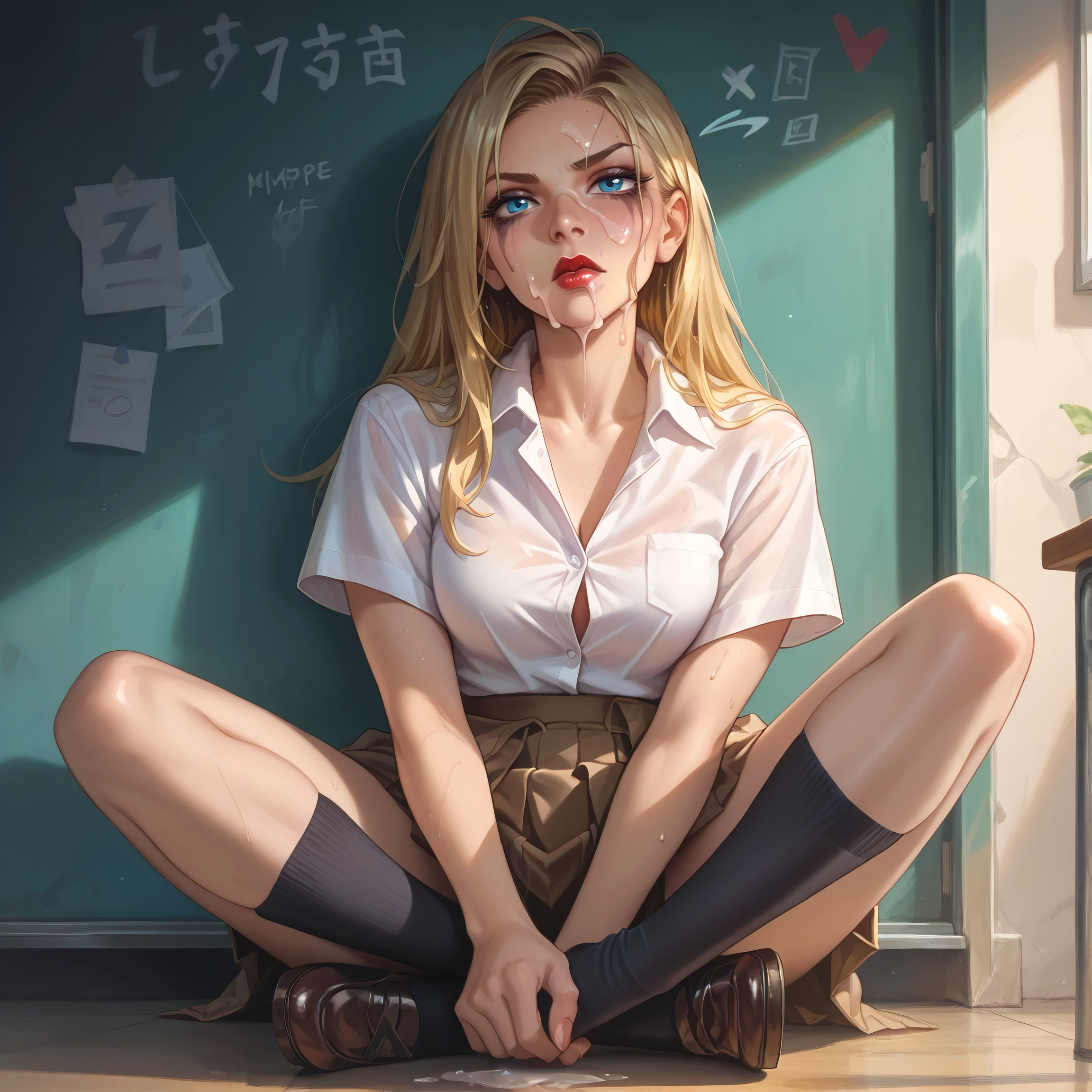 1girl, blonde hair, skirt, blue eyes, cum, breasts · Yamete.gg