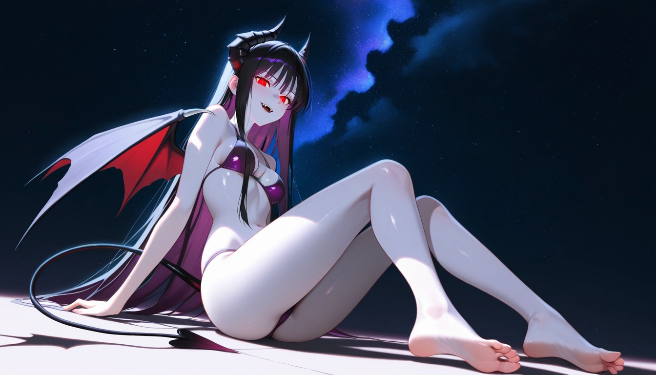 1girl, feet, barefoot, demon girl, tail, red eyes · Yamete.gg