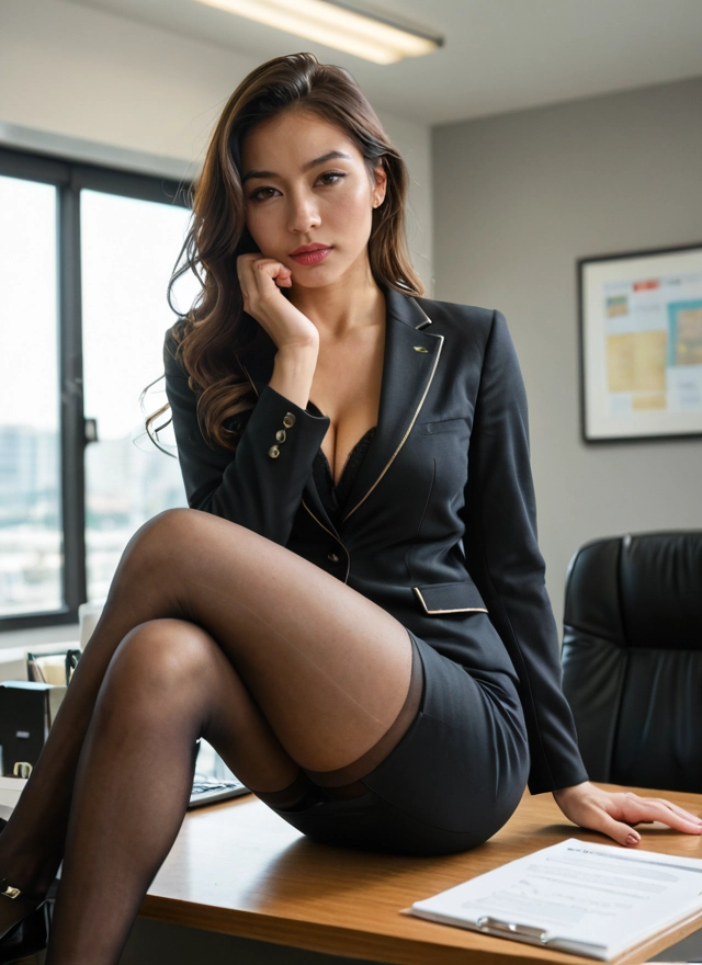 1girl, breasts, pantyhose, solo, cleavage, skirt · Yamete.gg
