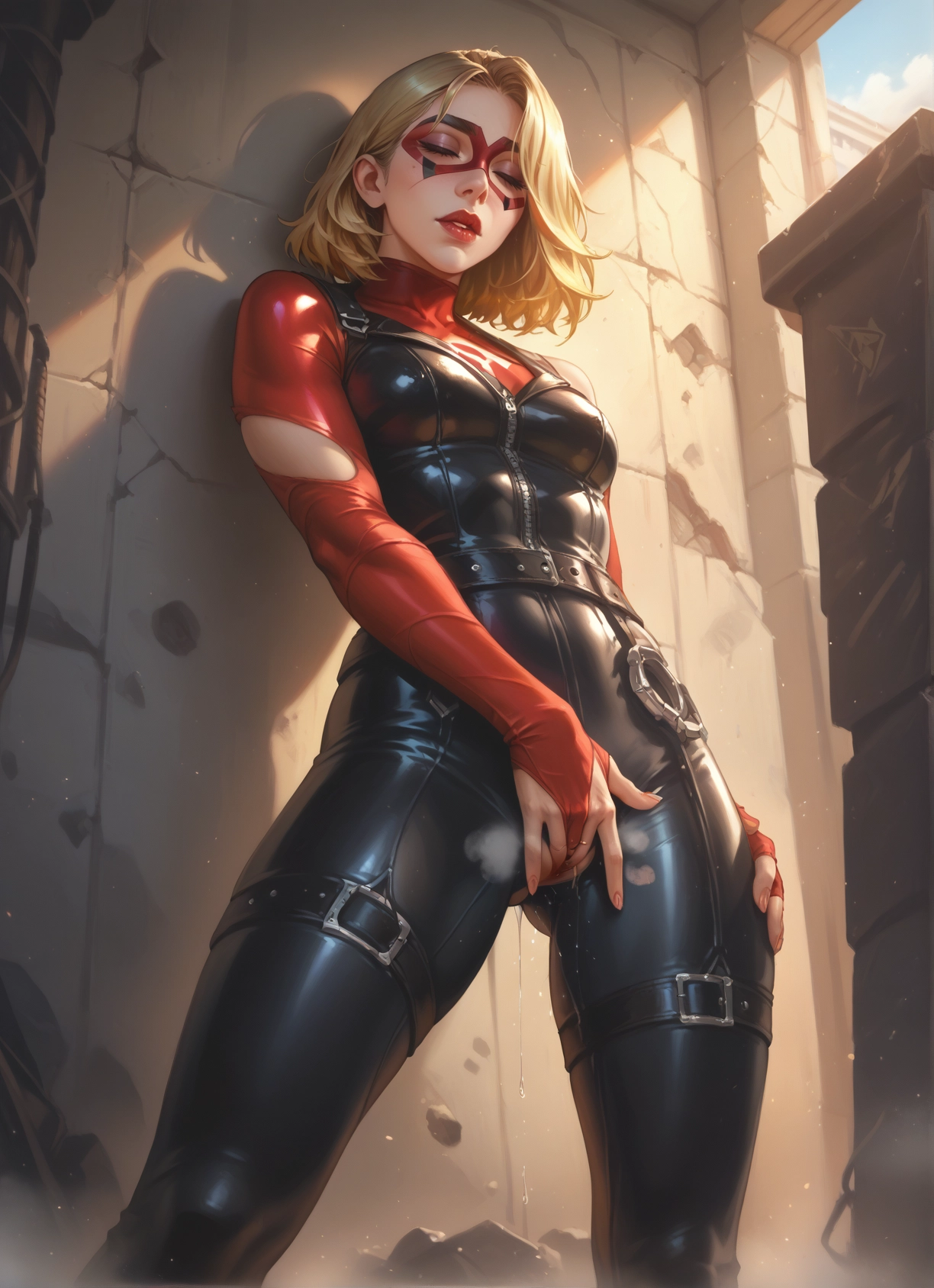 1girl, solo, blonde hair, mask, bodysuit, pussy juice · Yamete.gg