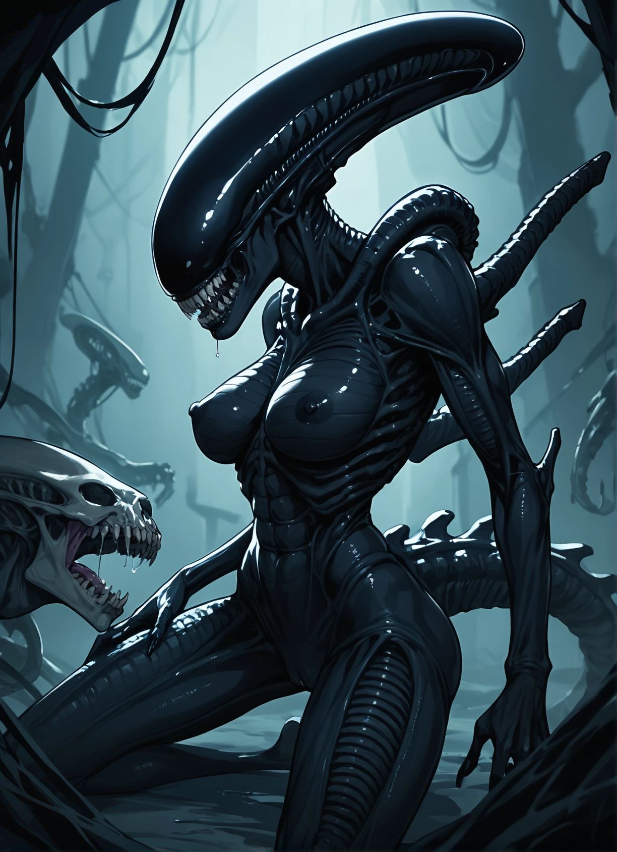 1girl, breasts, teeth, bodysuit, covered nipples, monster girl