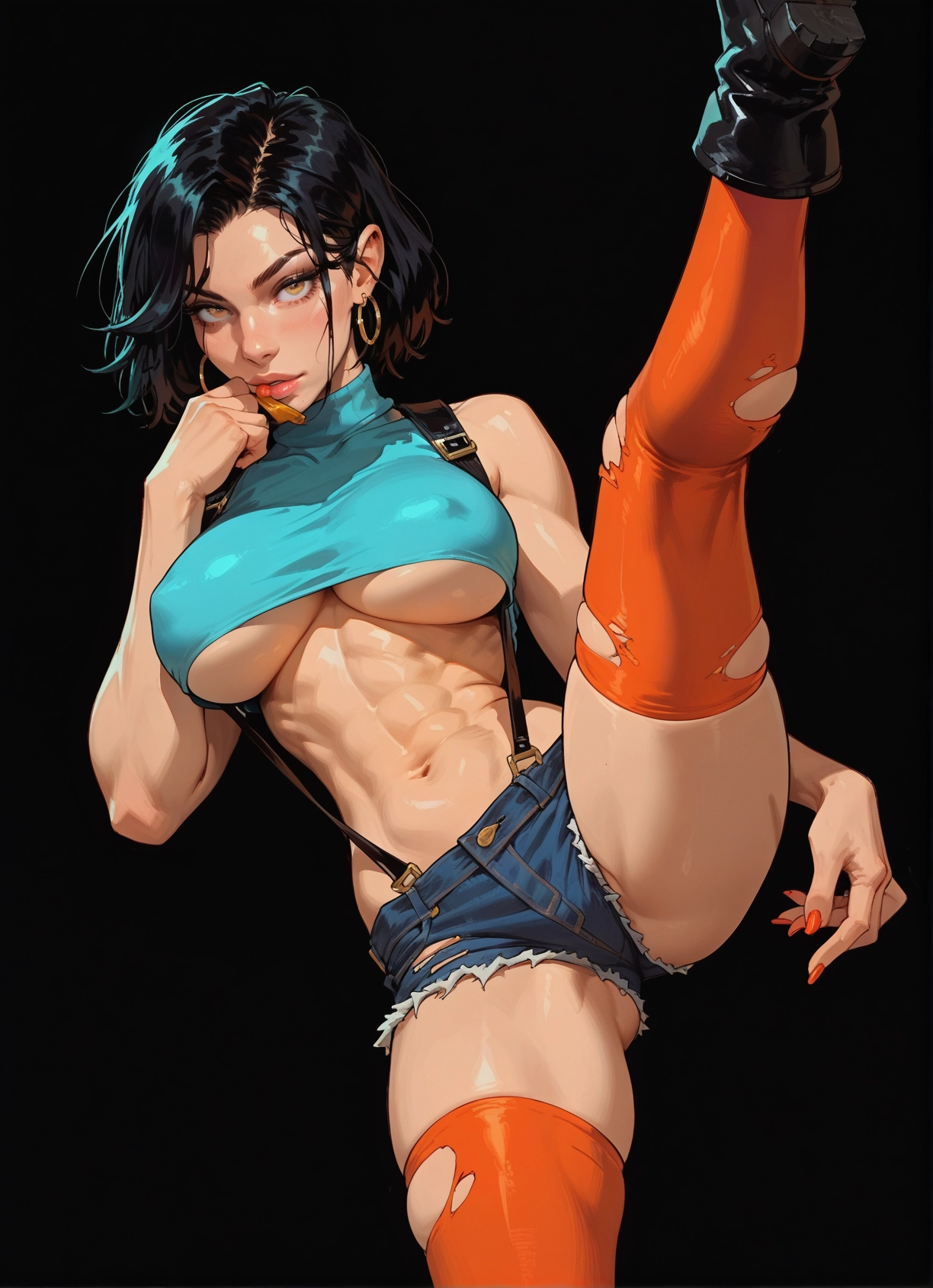 1girl, breasts, jewelry, shorts, earrings, thighhighs · Yamete.gg