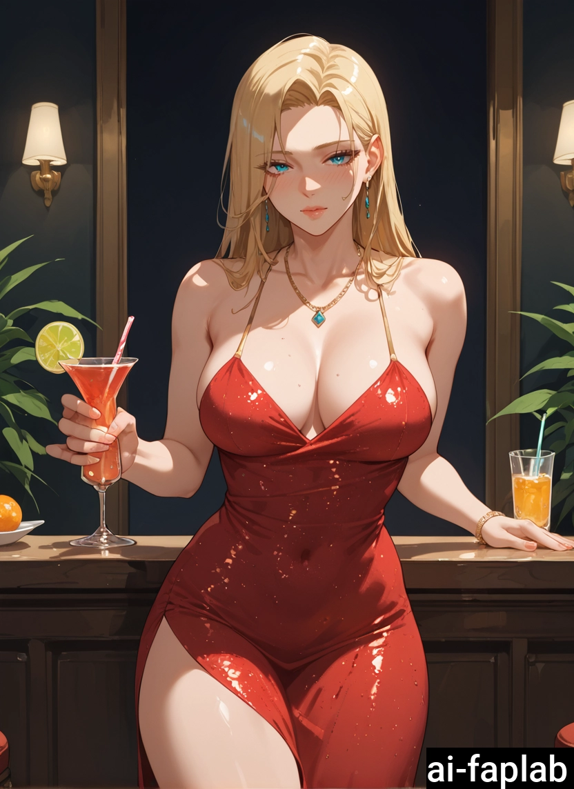 1girl, breasts, jewelry, dress, blonde hair, large breasts