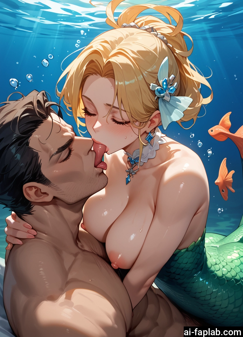 1girl, 1boy, breasts, nipples, blonde hair, kiss