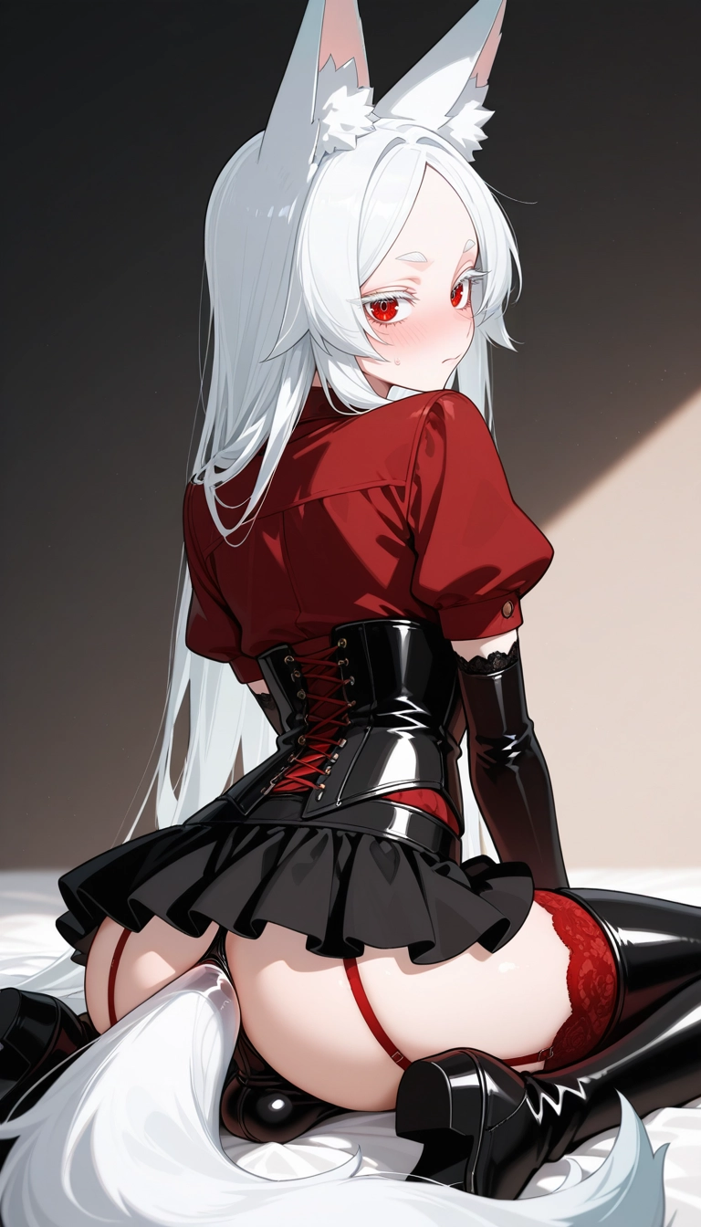 1girl, tail, solo, animal ears, thighhighs, corset