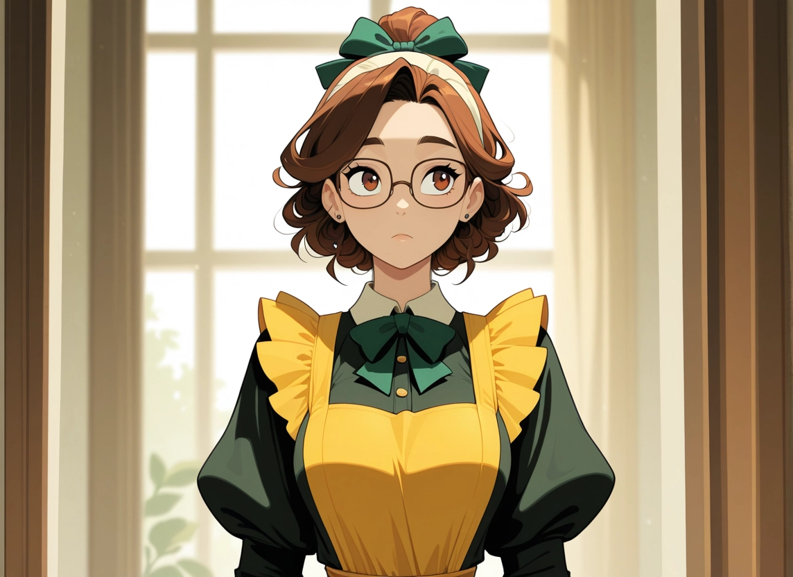 1girl, jewelry, solo, earrings, maid, brown hair · Yamete.gg