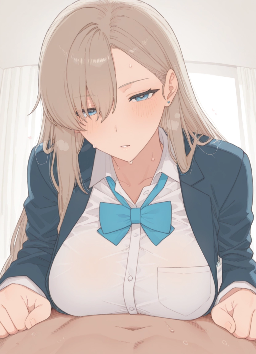 1girl, breasts, blue eyes, 1boy, jacket, long hair