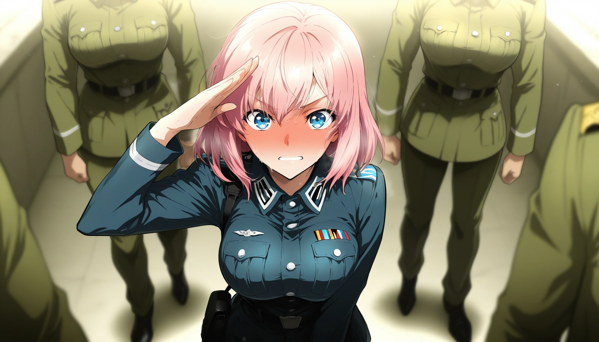 salute, blue eyes, uniform, military uniform, military, blush · Yamete.gg