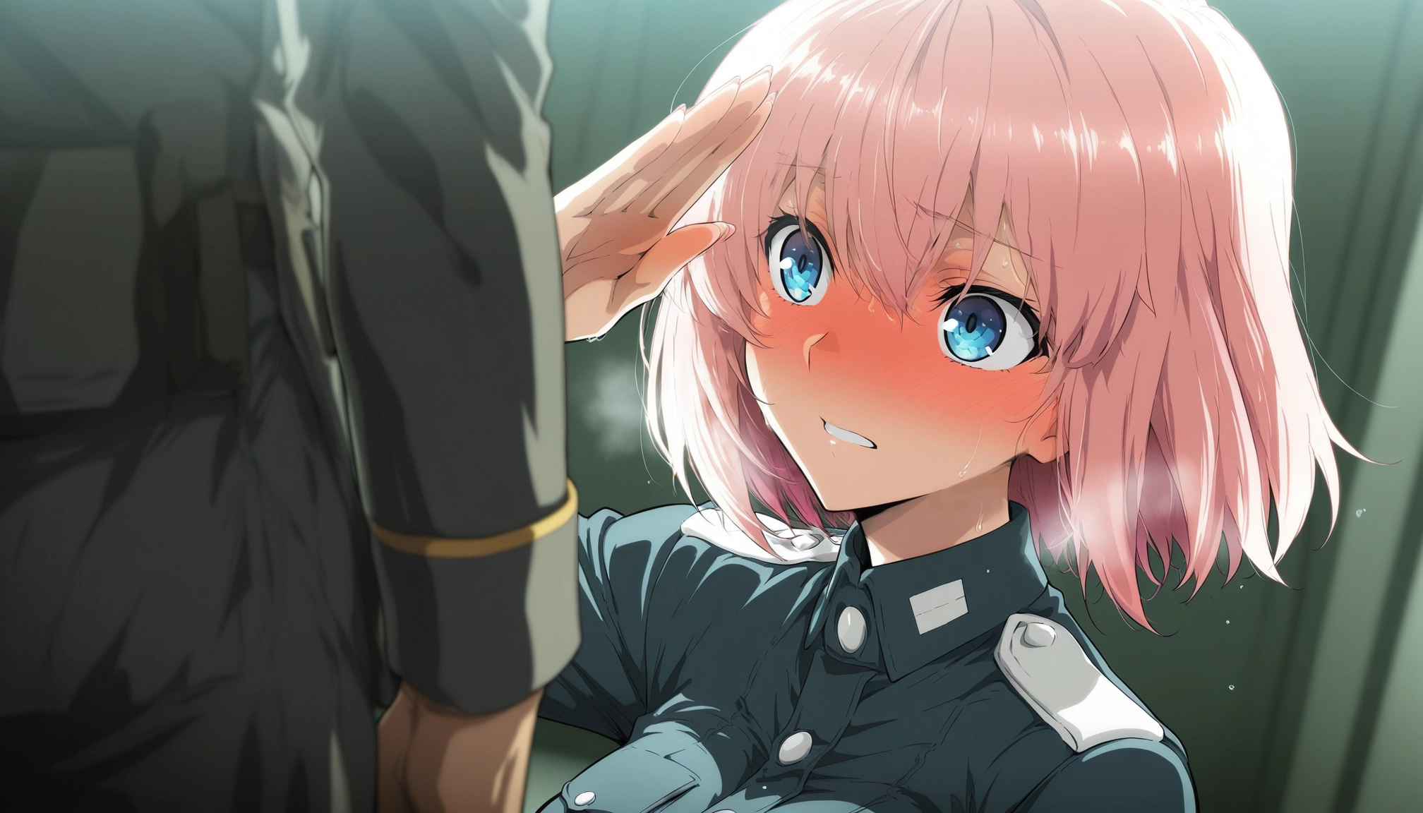 1girl, blue eyes, blush, uniform, military uniform, salute · Yamete.gg