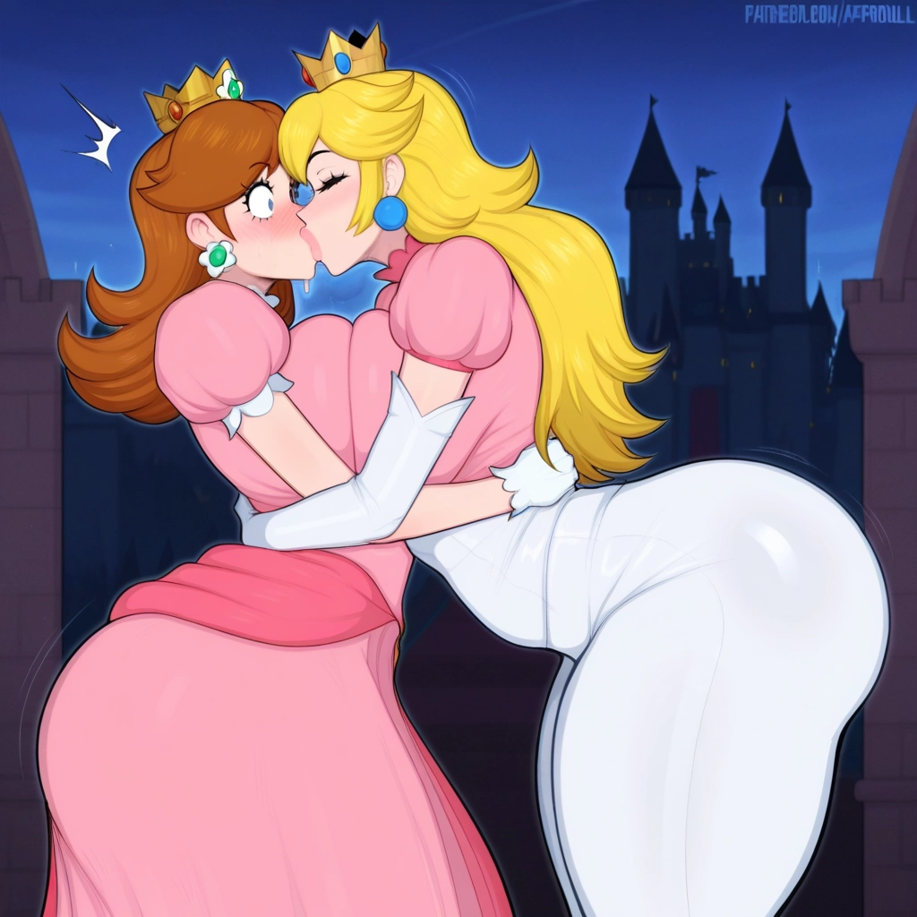 princess daisy, kiss, multiple girls, 2girls, princess peach, blonde hair