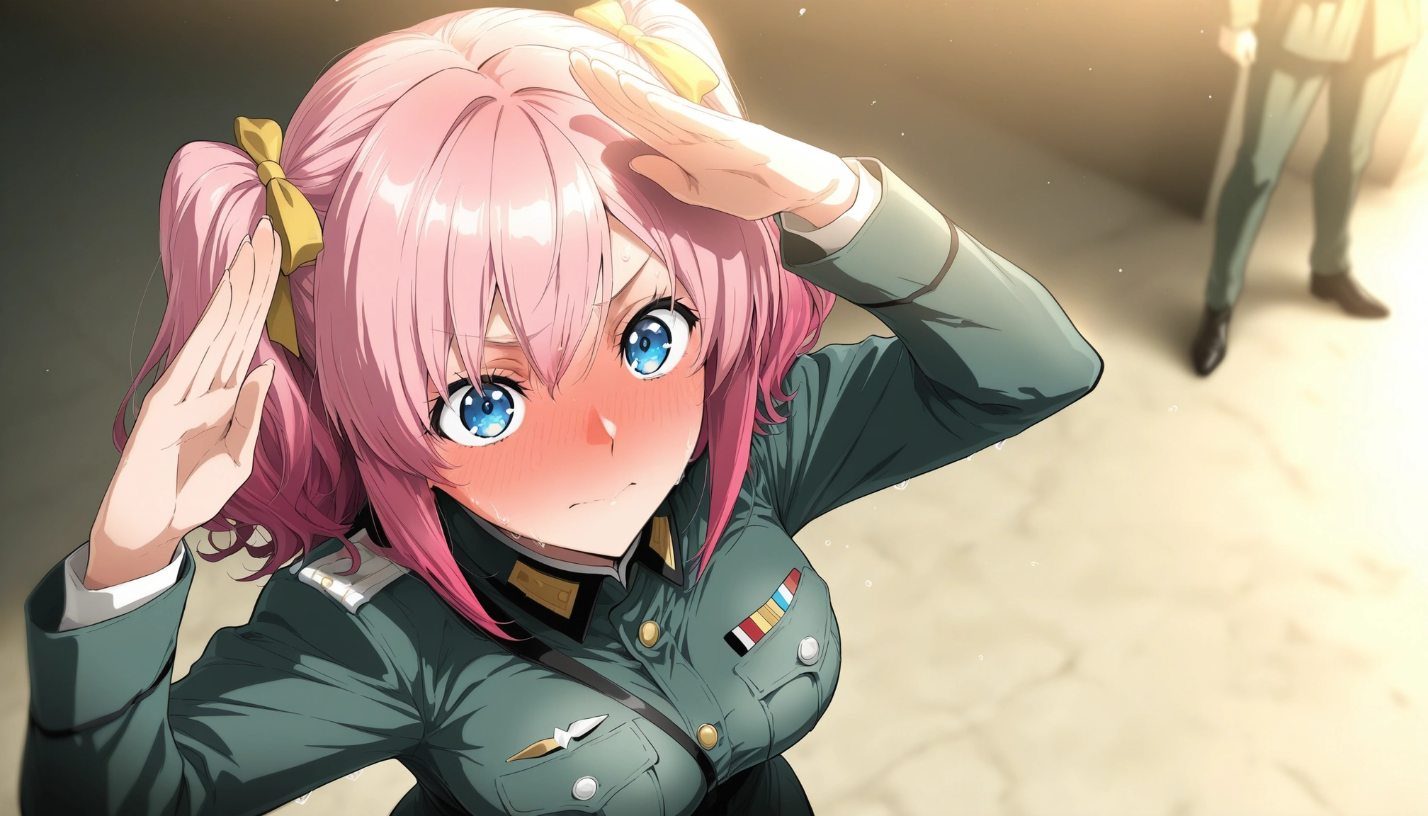 1girl, blue eyes, pink hair, military uniform, blush, military · Yamete.gg