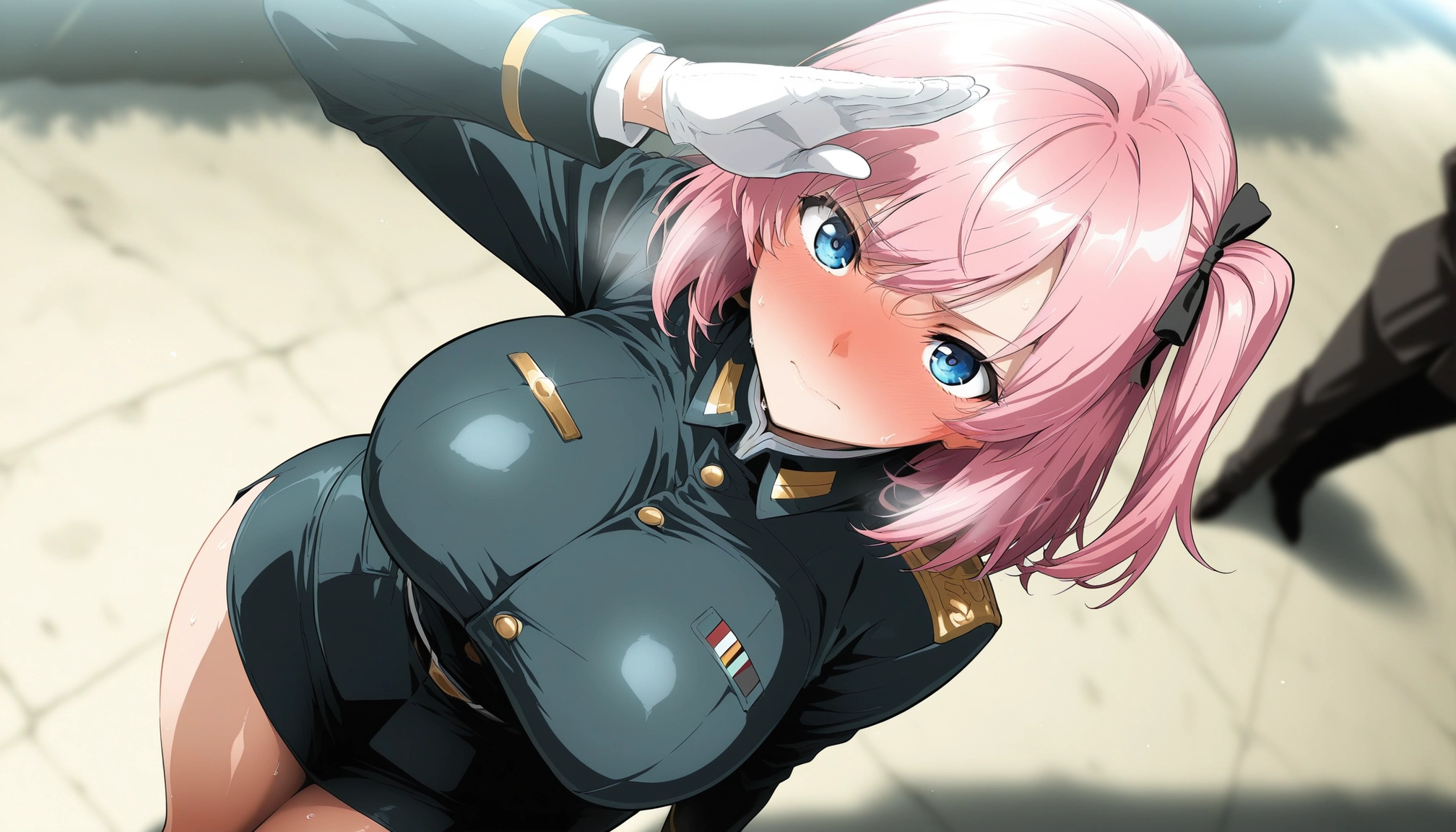 1girl, breasts, pink hair, salute, blue eyes, blush · Yamete.gg