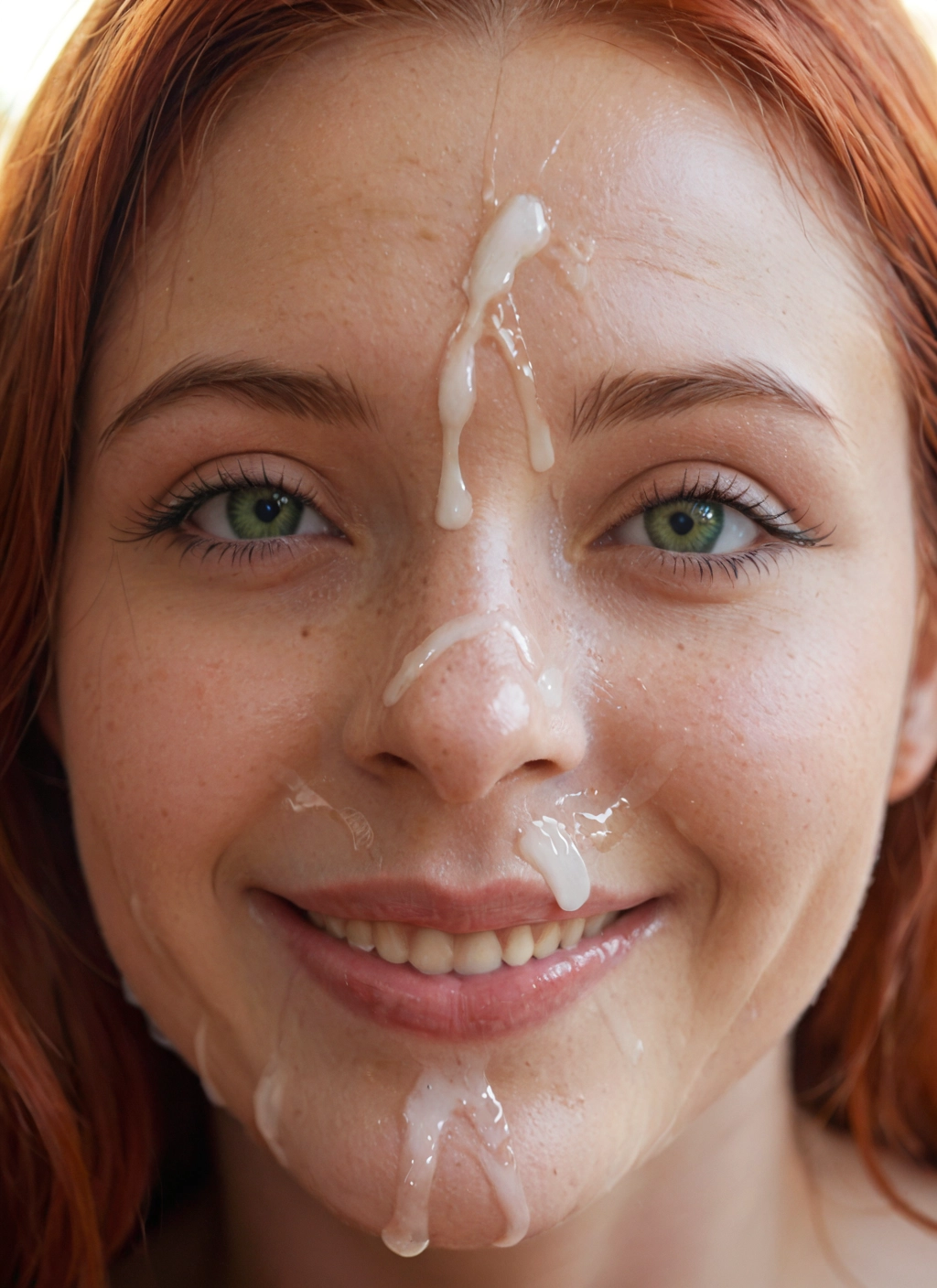 1girl, cum, solo, facial, green eyes, looking at viewer · Yamete.gg