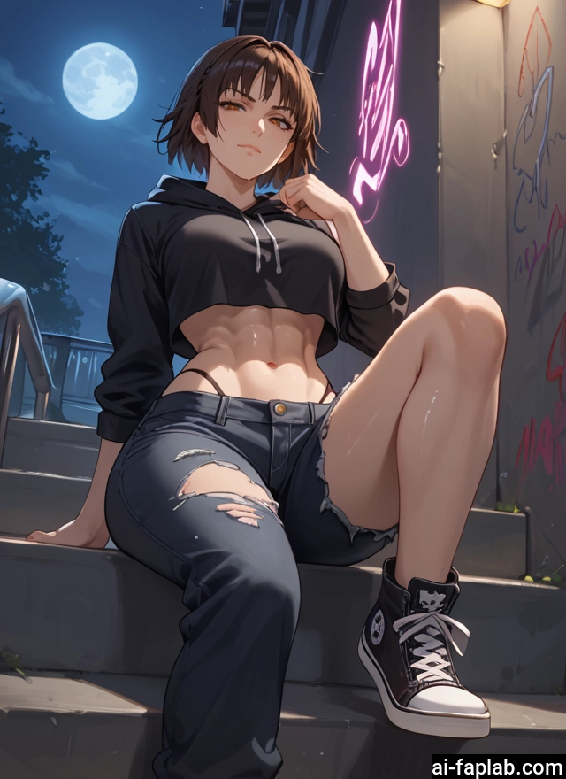 1girl, brown hair, moon, pants, torn clothes, short hair · Yamete.gg