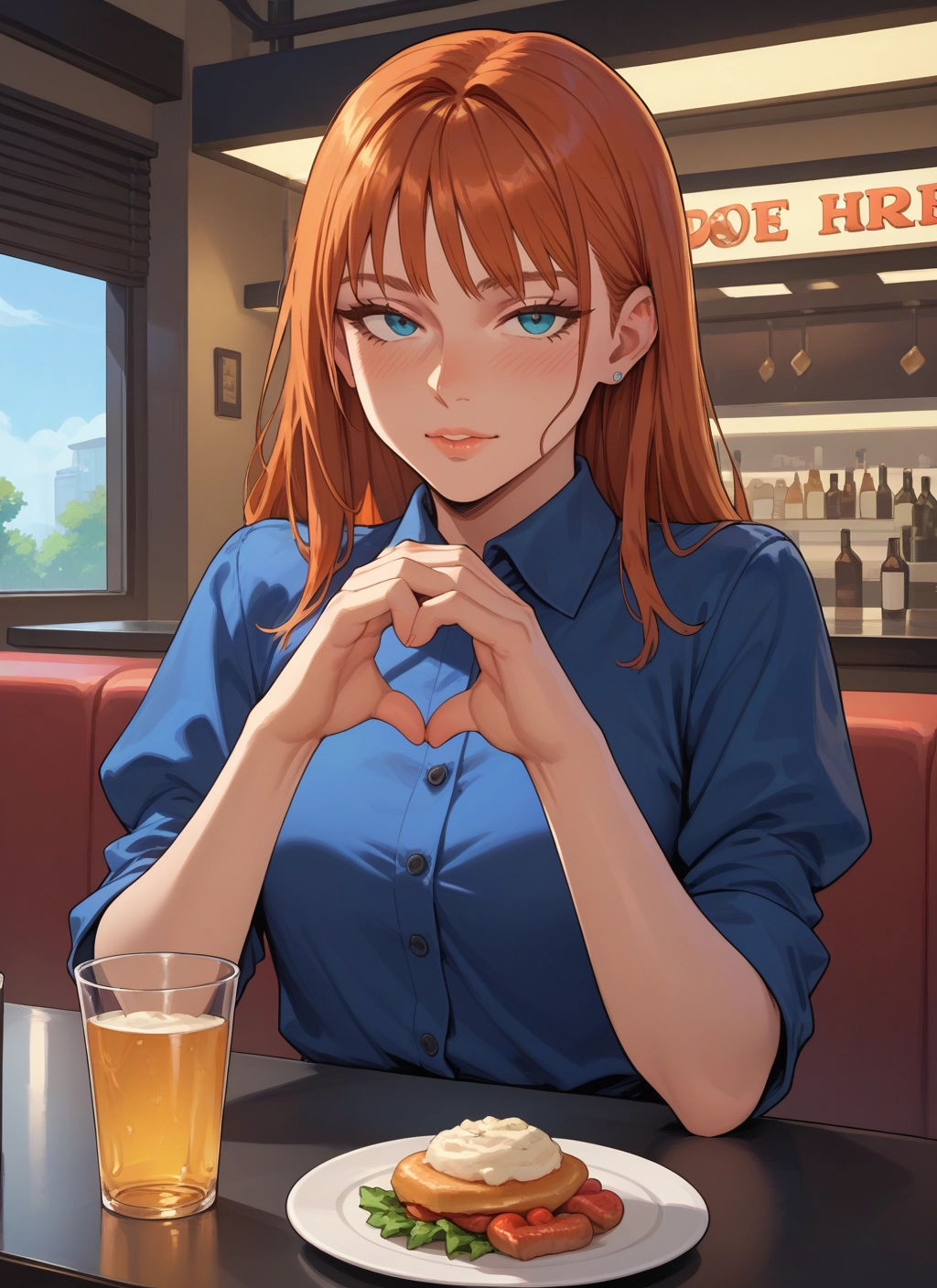 1girl, shirt, food, solo, blue eyes, blue shirt · Yamete.gg