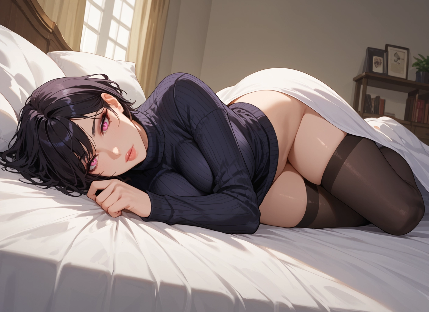 1girl, thighhighs, sweater, lying, black hair, breasts · Yamete.gg