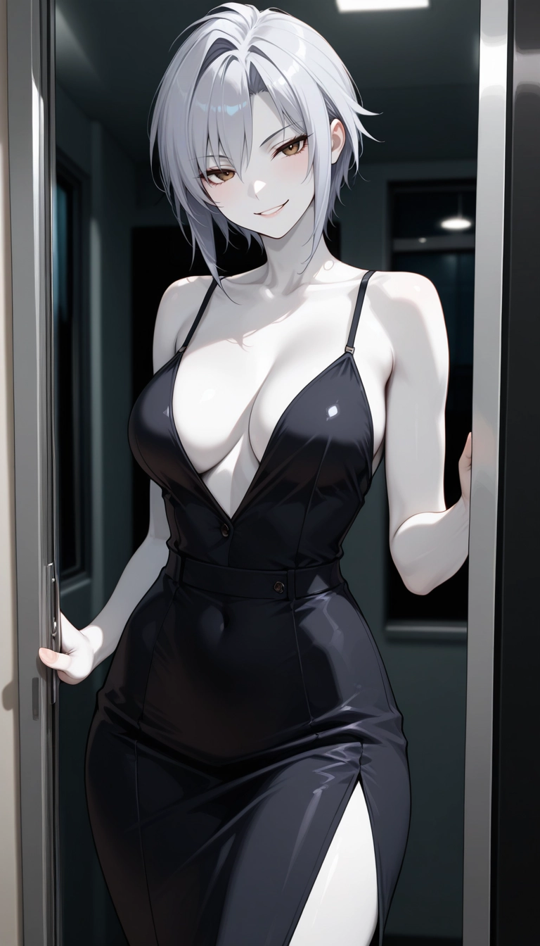 1girl, breasts, dress, solo, black dress, smile · Yamete.gg