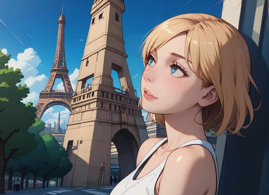 blue eyes, short hair, blonde hair, tree, sky, day · Yamete.gg