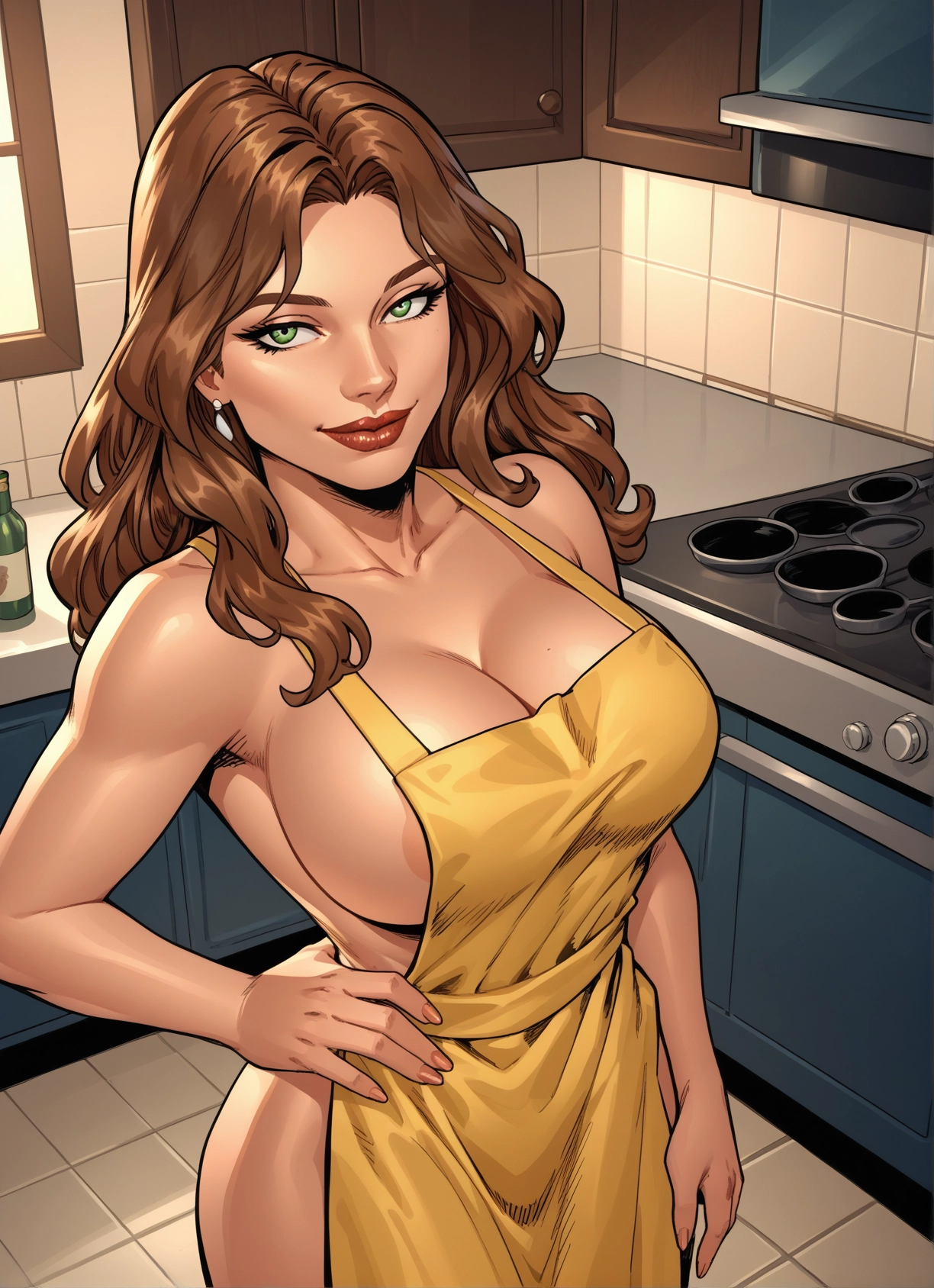 1girl, breasts, apron, green eyes, naked apron, areolae · Yamete.gg