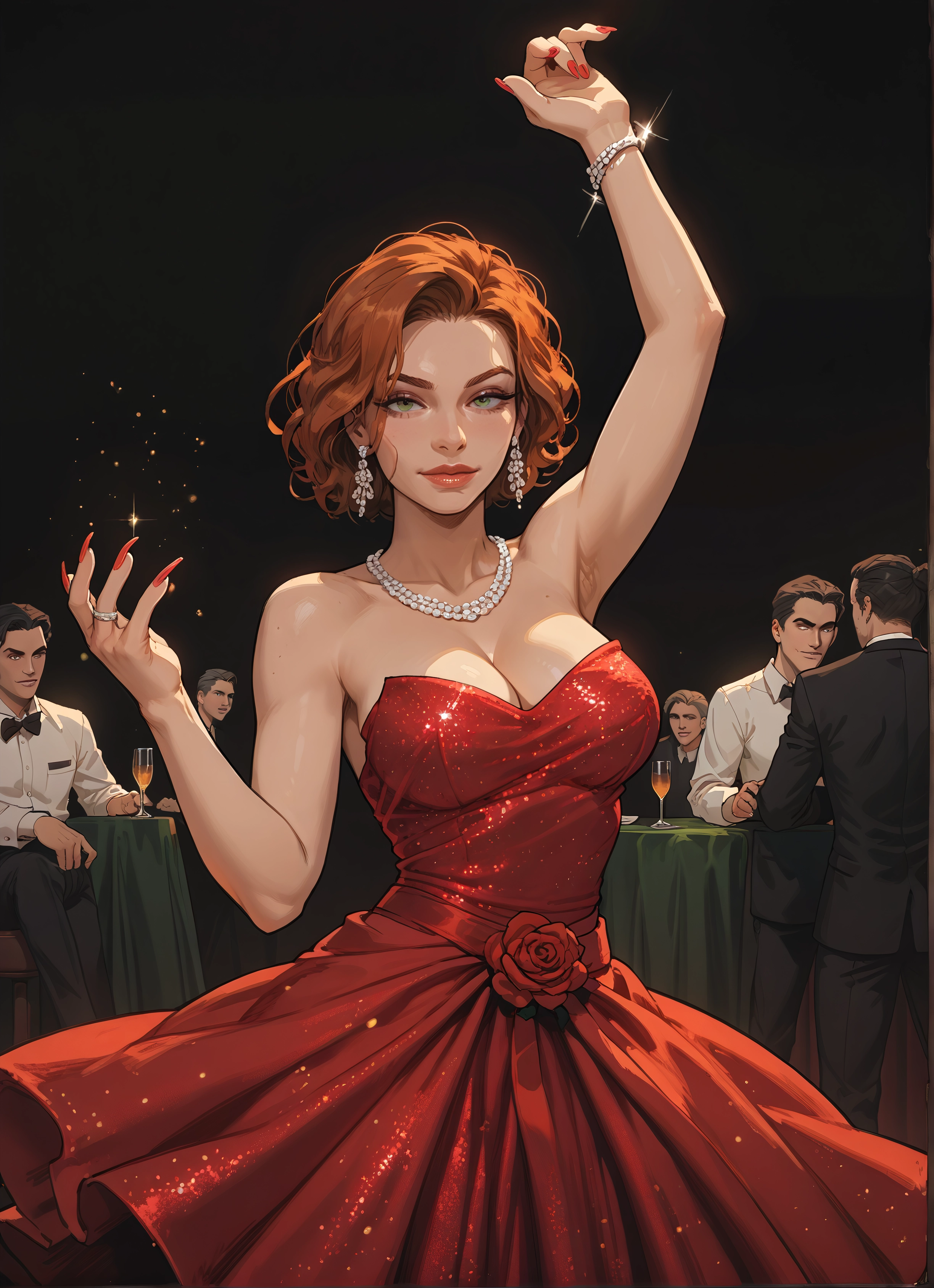 breasts, dress, jewelry, multiple boys, 1girl, red dress · Yamete.gg
