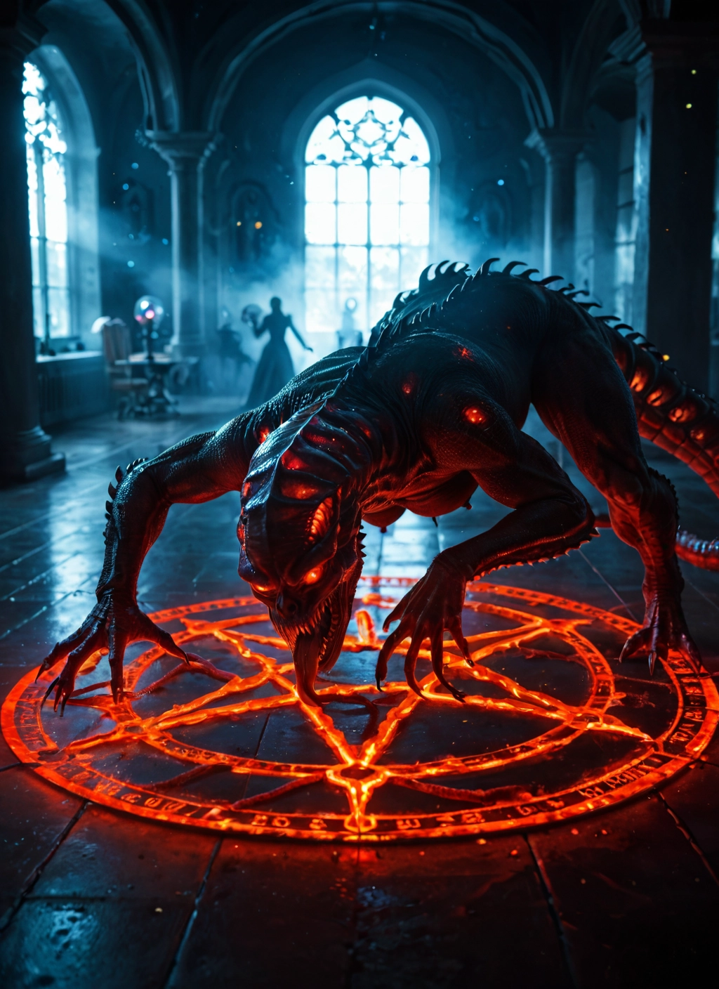 magic circle, indoors, glowing, monster, tail, teeth · Yamete.gg