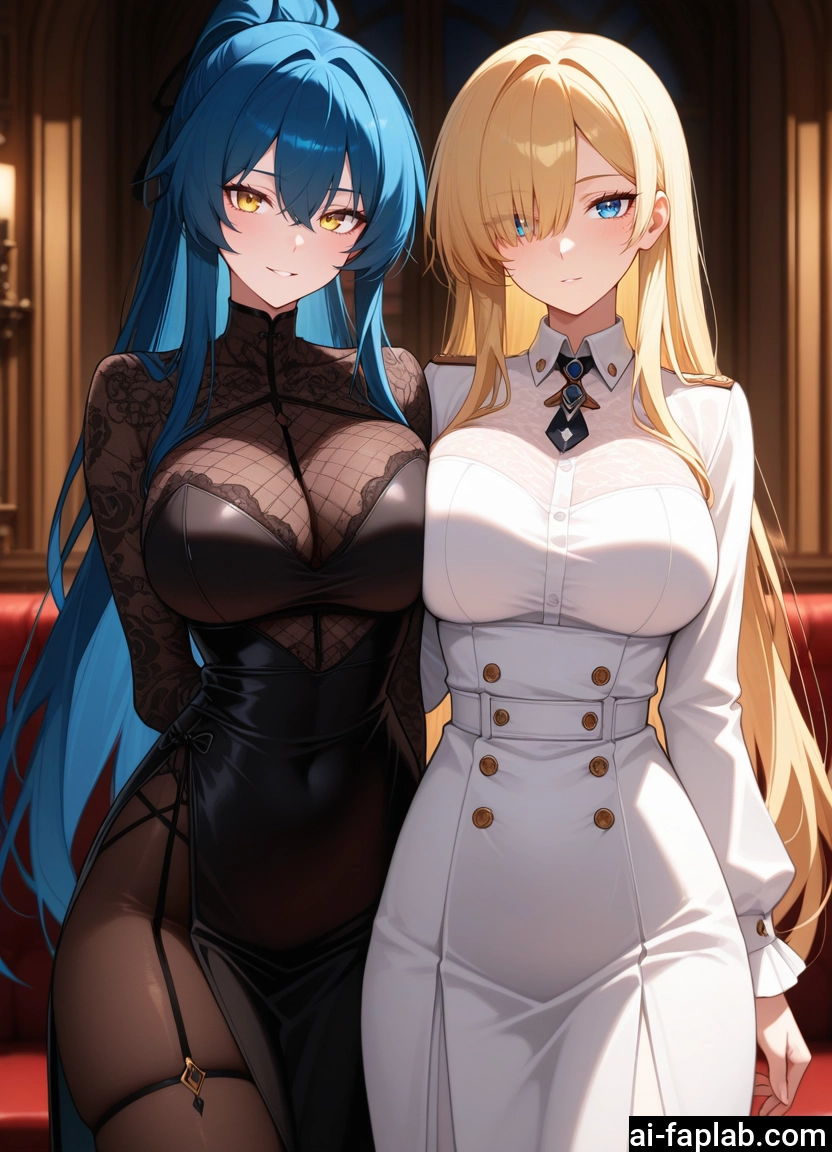 breasts, multiple girls, 2girls, blonde hair, large breasts, yellow eyes