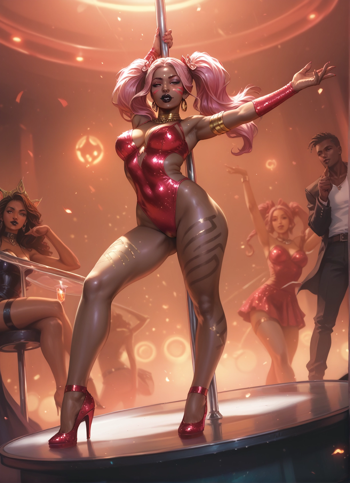 multiple girls, breasts, high heels, twintails, 1boy, pole dancing · Yamete.gg
