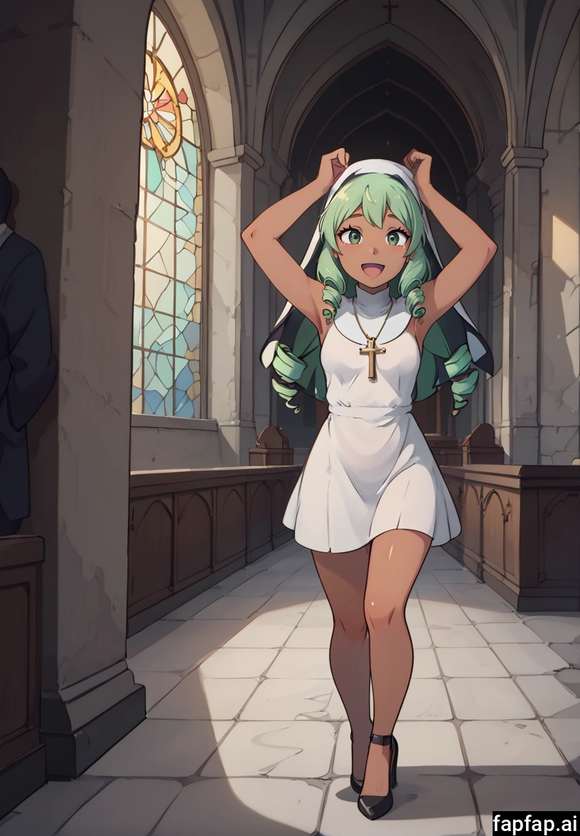 1girl, church, green eyes, dress, green hair, jewelry · Yamete.gg