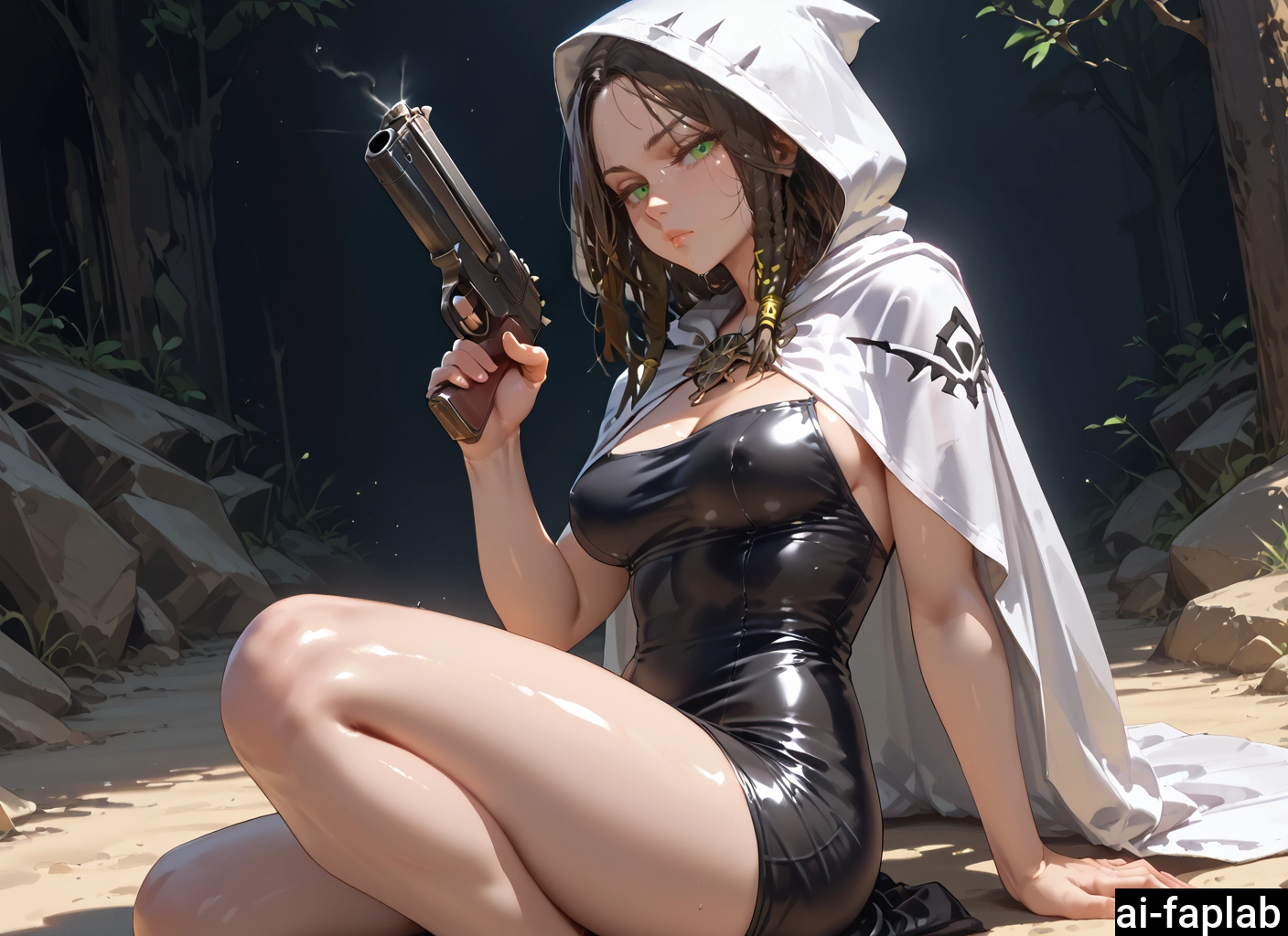 1girl, breasts, weapon, solo, green eyes, gun · Yamete.gg