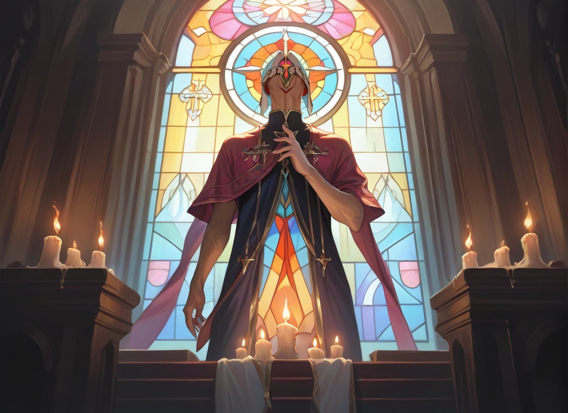 1boy, candle, male focus, solo, stained glass, indoors · Yamete.gg