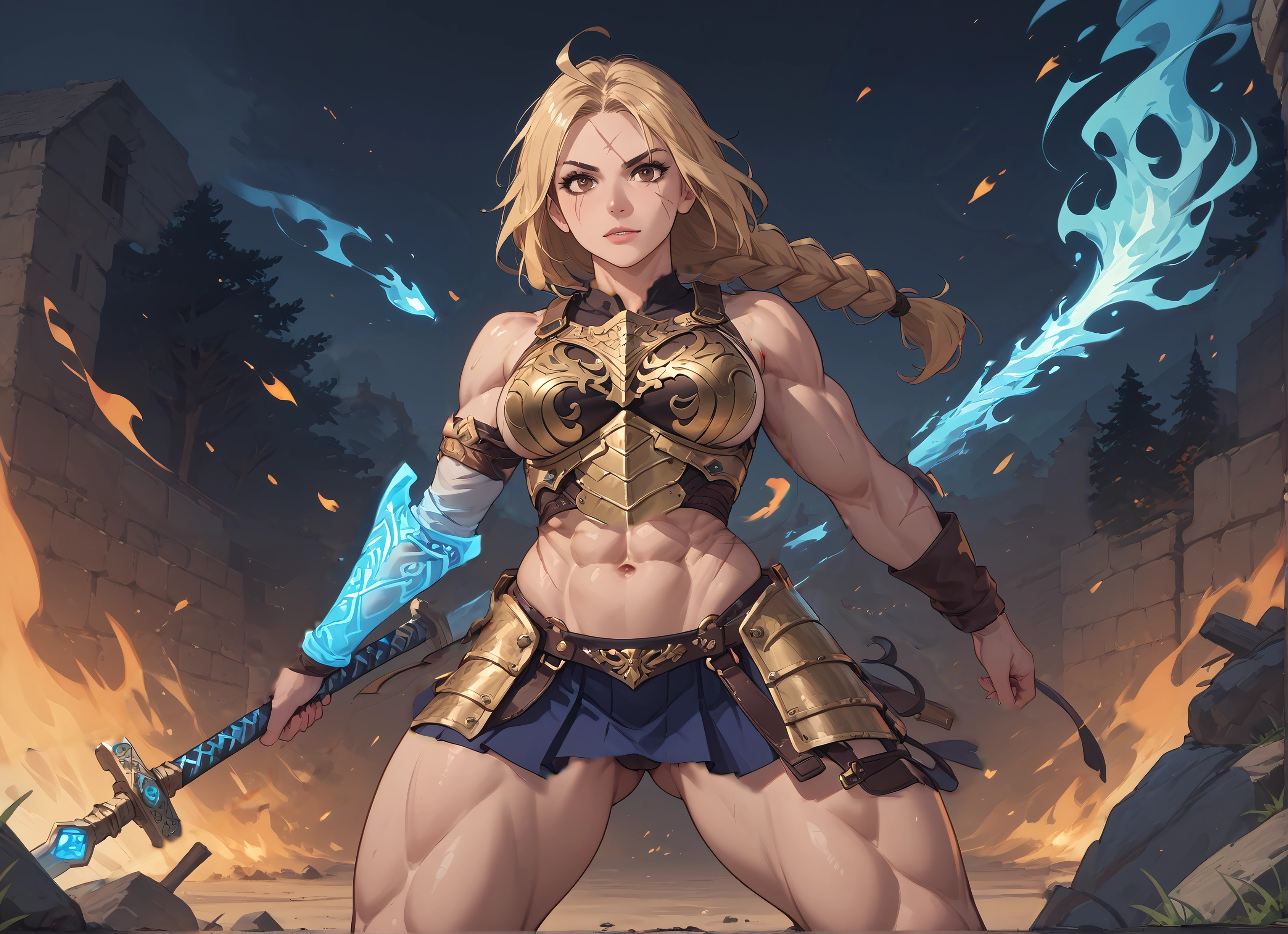 1girl, breasts, muscular, muscular female, braid, weapon · Yamete.gg