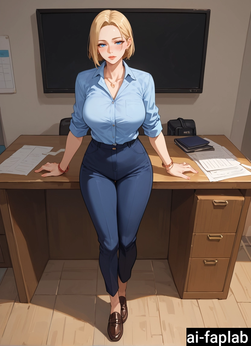 1girl, shirt, breasts, blonde hair, solo, blue eyes · Yamete.gg