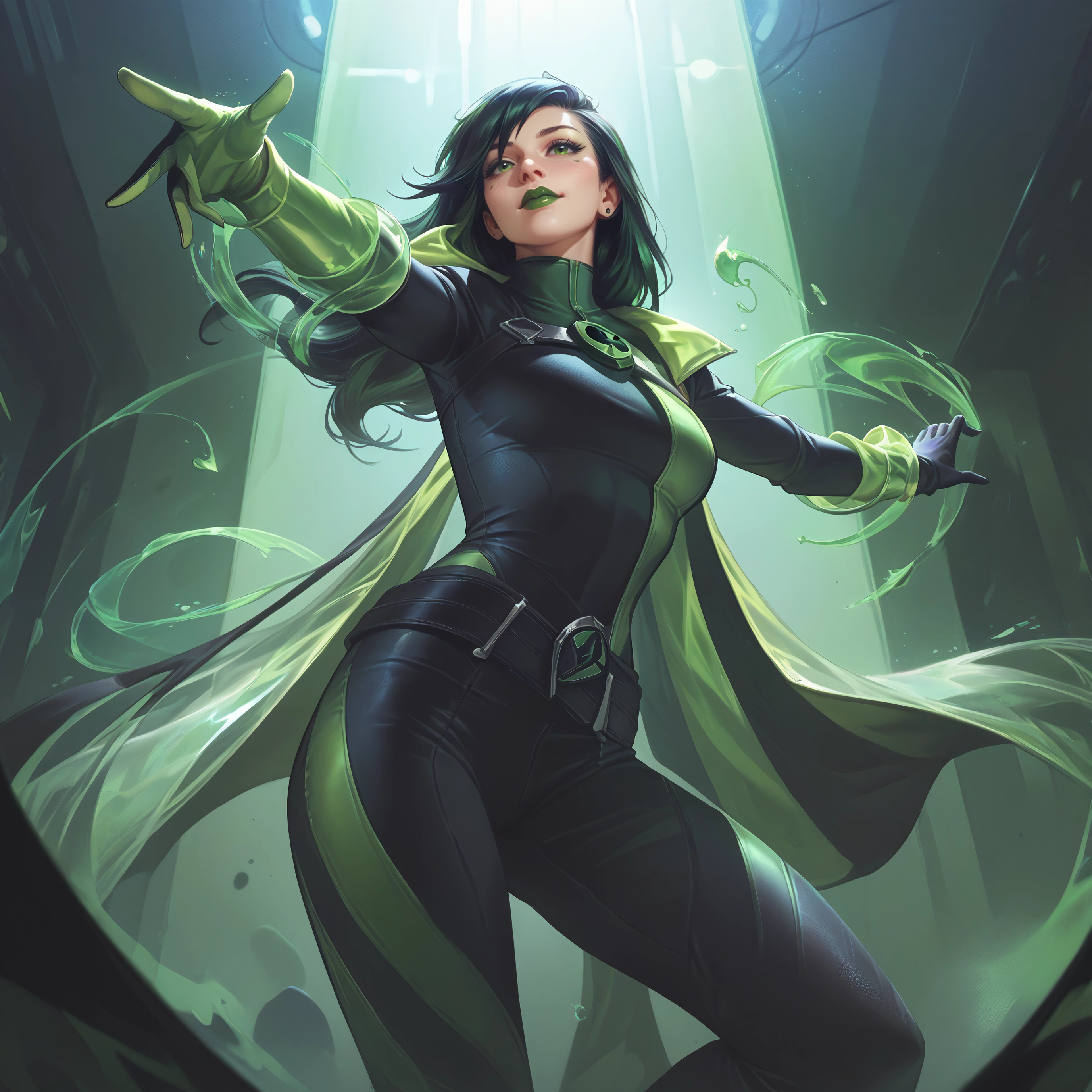 1girl, green eyes, solo, gloves, bodysuit, green hair · Yamete.gg