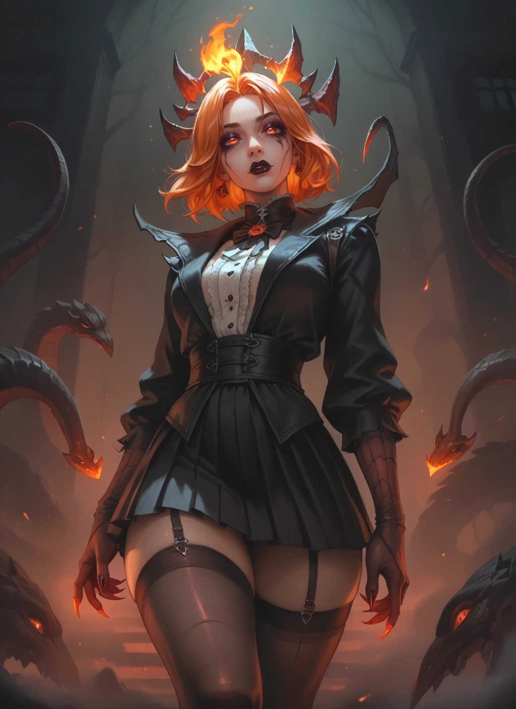 1girl, thighhighs, skirt, garter straps, jewelry, fire · Yamete.gg