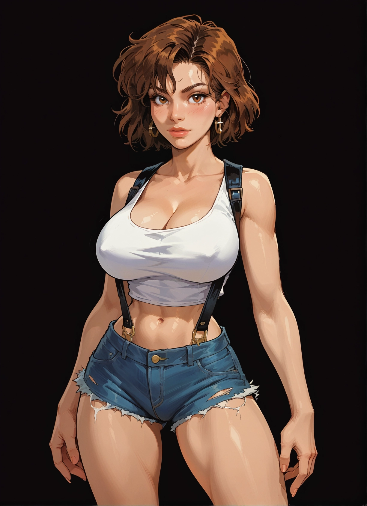 breasts, 1girl, brown hair, shorts, jewelry, earrings · Yamete.gg