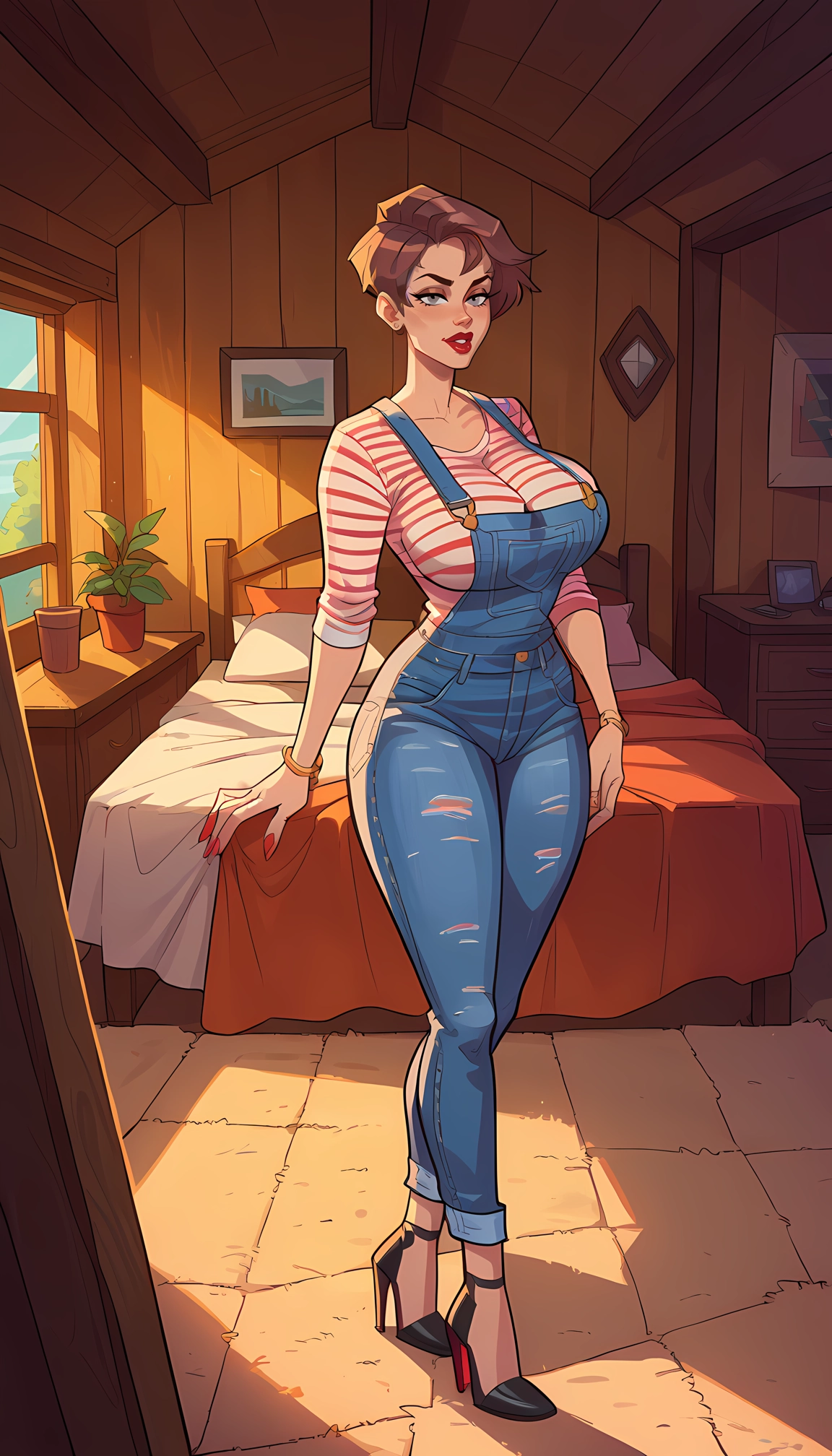 1girl, overalls, breasts, high heels, denim, brown hair