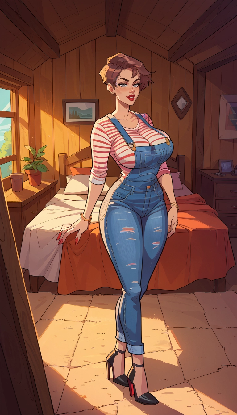 1girl, overalls, breasts, high heels, denim, brown hair