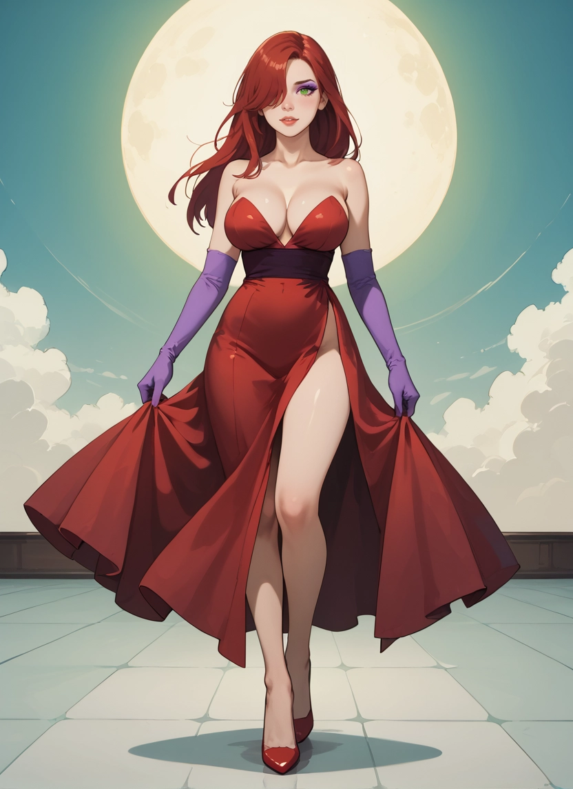 1girl, breasts, gloves, dress, green eyes, moon · Yamete.gg