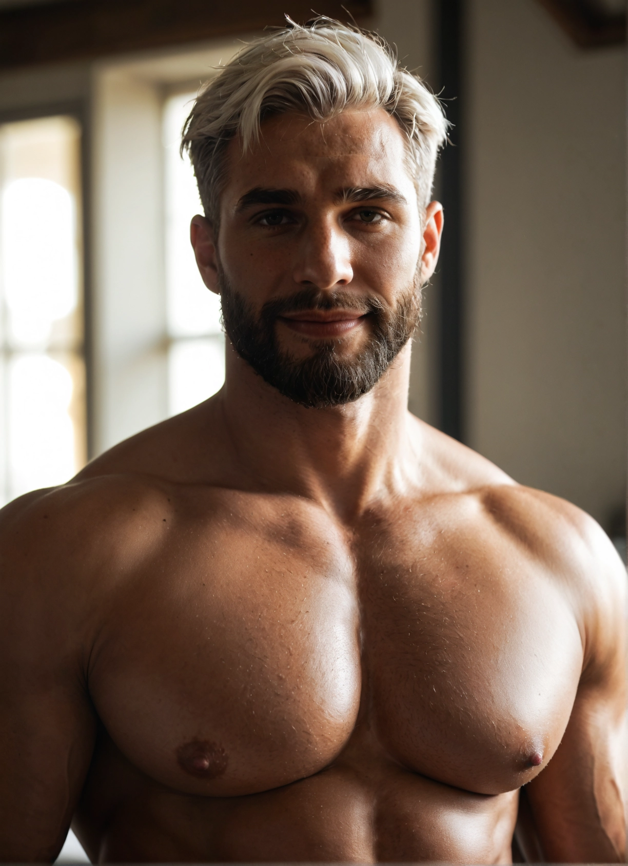 bara, male focus, 1boy, solo, facial hair, pectorals · Yamete.gg