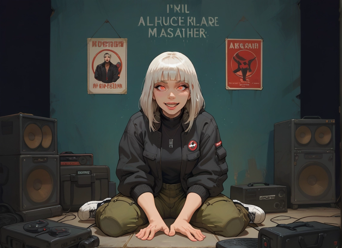 1girl, solo, speaker, jacket, sitting, looking at viewer · Yamete.gg