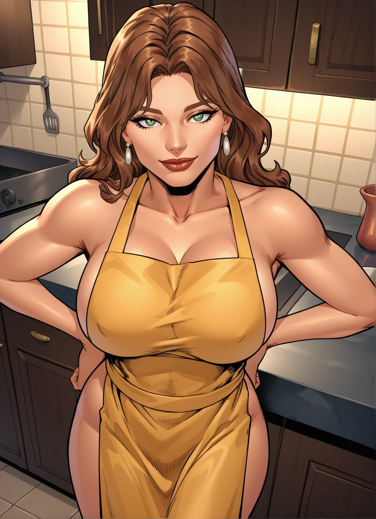 1girl, breasts, apron, naked apron, green eyes, jewelry · Yamete.gg