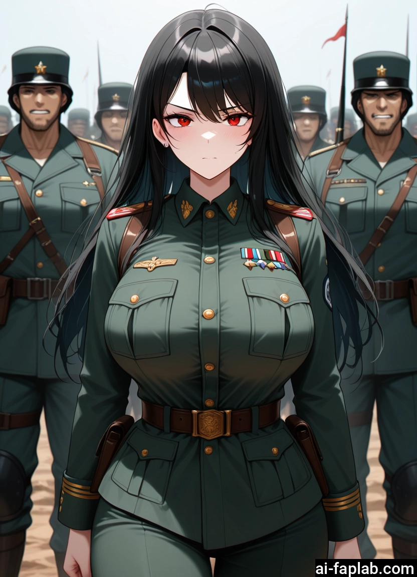 1girl, breasts, red eyes, black hair, uniform, multiple boys