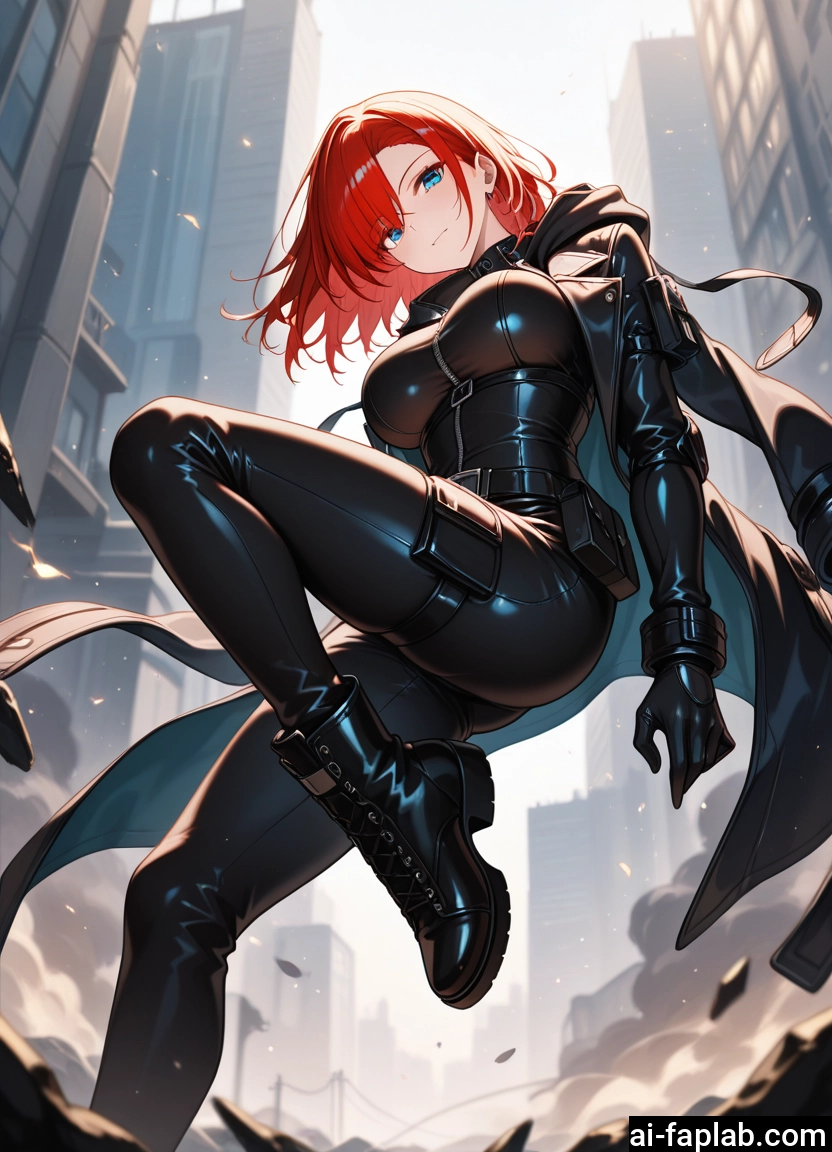 1girl, breasts, blue eyes, red hair, boots, solo
