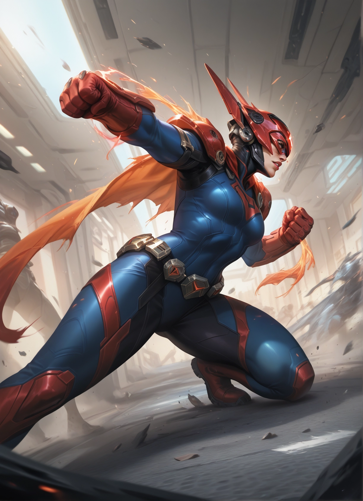 1girl, bodysuit, cape, breasts, clenched hands, helmet · Yamete.gg
