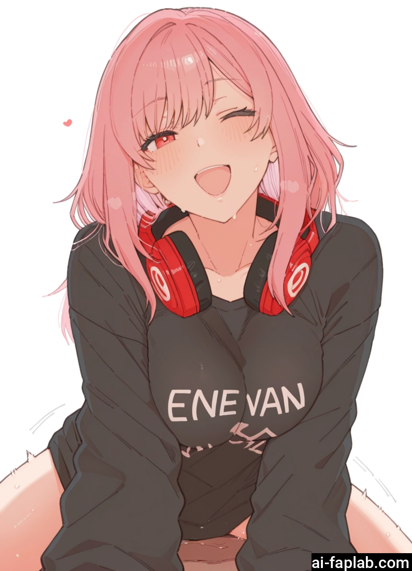 1girl, pink hair, headphones, hetero, one eye closed, open mouth