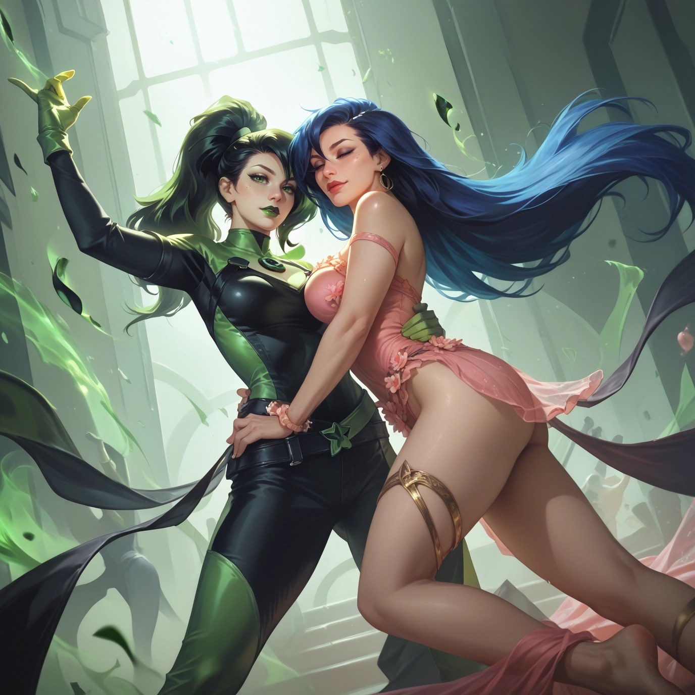 multiple girls, 2girls, green eyes, breasts, jewelry, green hair · Yamete.gg