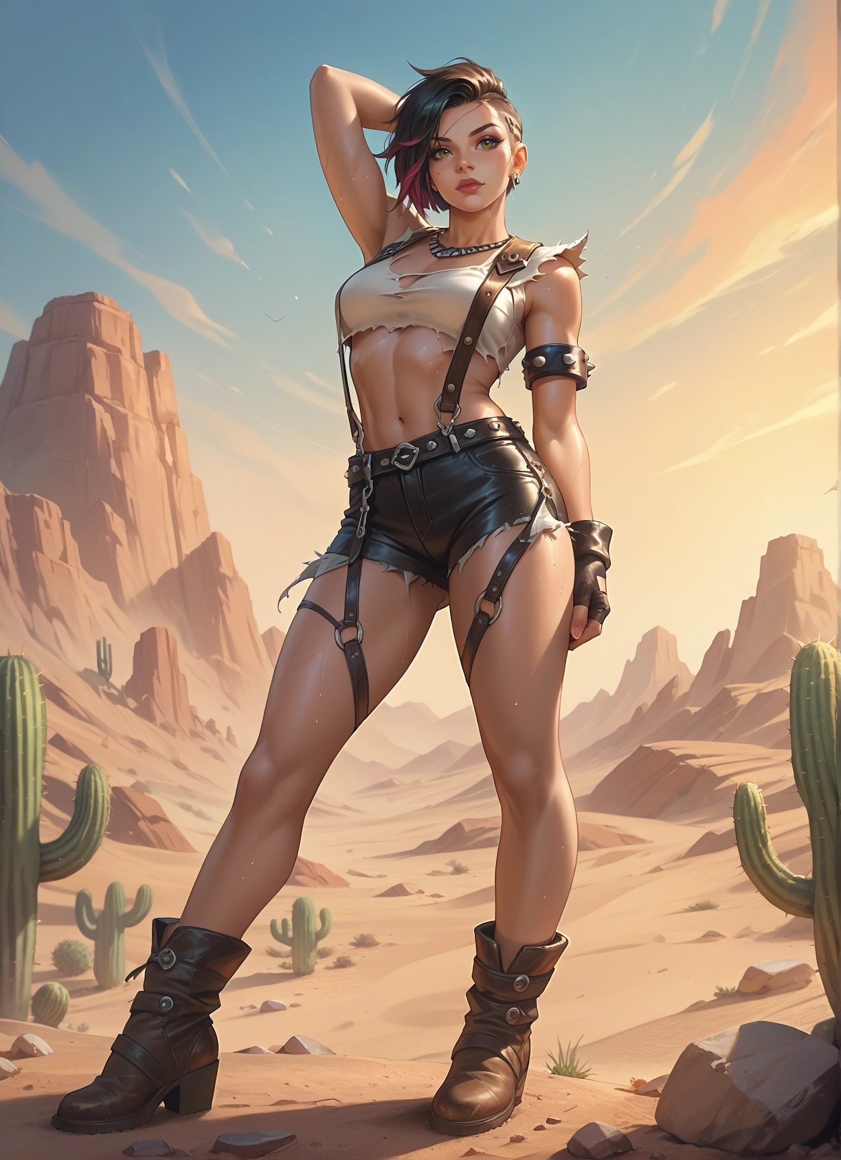 1girl, gloves, solo, cactus, navel, breasts · Yamete.gg