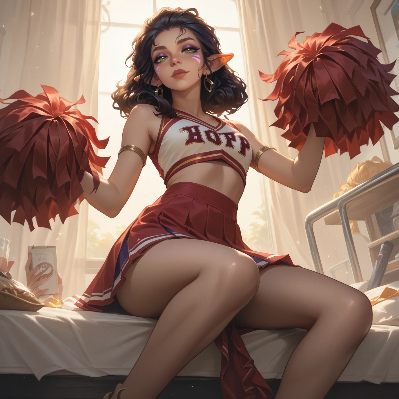 1girl, cheerleader, pom pom (cheerleading), pointy ears, jewelry, solo · Yamete.gg